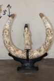 Antique Carved and Scrimshawed Bone Guanyin Figure with 2 Tusks or Horns on a Hand-carved Stand