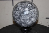 Big and *Rare* 9 lb CRINOID, AMMONITE and ORTHOCERAS Fossil Sphere with a Hand-carved Wooden Display