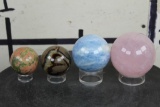 (4) Semi-Precious Polished MINERAL Spheres with Plastic Ring Stands (ONE$)