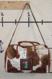 *Brand New* Brown and White COW HIDE Duffle Bag with Tooled Leather Straps
