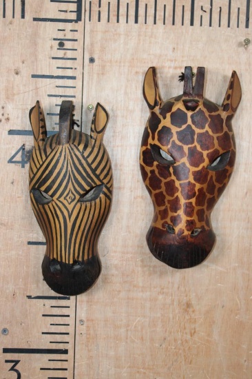 (1) Hand-carved Wood ZEBRA Mask and (1) Matching GIRAFFE Mask from Africa