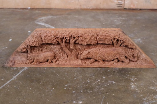 Decorative Wood CARVING Featuring a Leopard Stalking a Warthog
