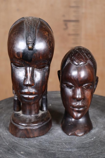 Mid-20th-century Hand-carved Wood East African Tribal Busts Set of a Male and a Female