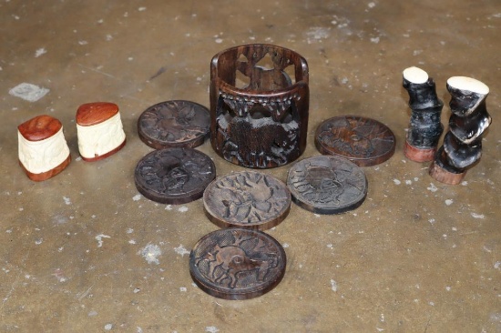 Set of (6) Wood Coasters with (2) Salt and Pepper Shaker Sets from Impala Horn and Carved Bone