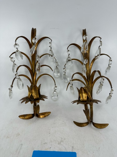 Lot of 2 Metal and Crystal Vintage Wall Mounted Decorative Candle Holders