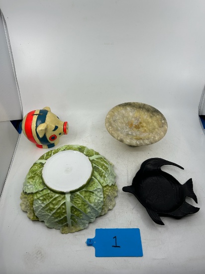 Lot of 4 Misc. Ceramic Items - Lettuce Bowl, Piggy Bank, Etc.