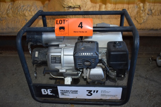 BE 3" GAS POWERED TRASH PUMP WITH 3" NPT INLET/OUTLET PORTS, 264GPM MAX. FLOW RATE, 85' MAX.