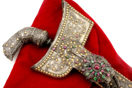 Exquisite Indonesian Bugis/Sulawesi KERIS Dagger for Royalty ~ Silver, Gold, Ruby & Emerald Stones.
