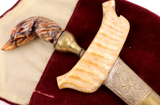 Very Rare Indonesian Sumatra KERIS Dagger in Fossil Mammoth Tooth mounts ~ Early Blade with Gold.
