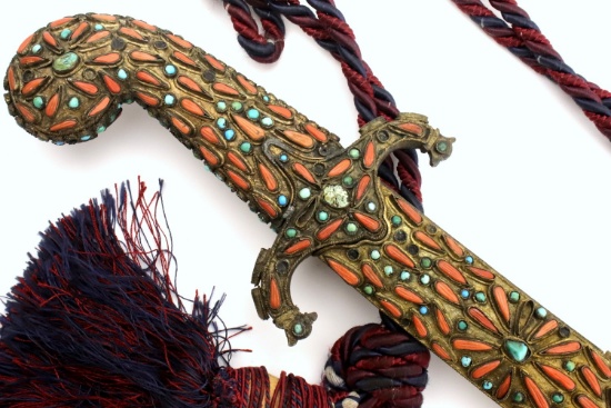 Spectacular 19th C. Ottoman Greek Trebizond Coral & Turquoise Encrusted PALA Kilich Sword ~ Rare Woo