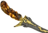 Very Fine Indonesian Java KERIS Dagger ~ Exquisite Gold Mounted Damascus Blade ~ Fine Carved Horn Gr
