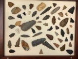 Large Frame of 50+ Arrowheads and Artifacts- Southeastern PA, Longest 3 7/8