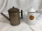 2 Coffee Pots, 1 Old Dominion Coffee Maker, 1 Enameled Steel Golden Rule Metalware, 10