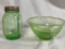Lot of x2 Vaseline Glass, Antique Uranium Vaseline Glass Shaker, Spice Storage Jar w/Tin Lid