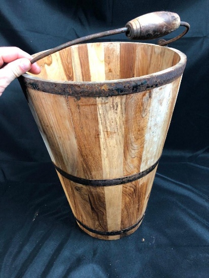 19" Tall Maple Syrup Bucket w/Handle, Metal Straps, Decorated Handle (triangles), New England Origin