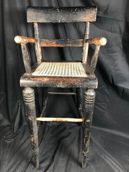 1880's-1900 Black Highchair w/Original Paint and Cane Seat, Heavy wear from childs feet!, 33 1/2"
