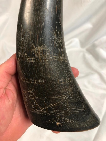 11" Water Buffalo Etched Horn, 1940's Military Soldier Souvenier, Phillipines WWII 1945