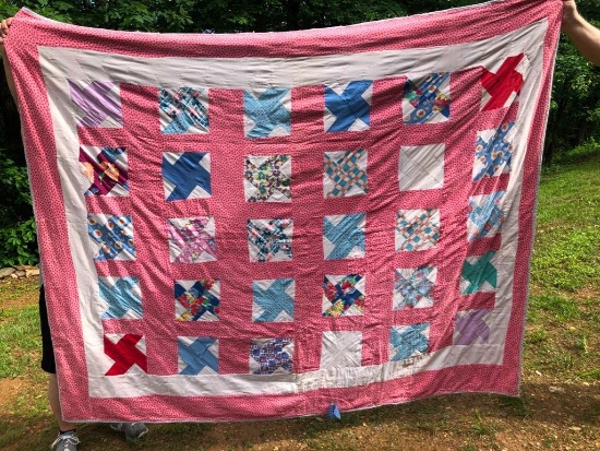 68"x81" Hand-Stitched Vintage Patch Quilt w/Pinwheel Design, NICE! Made from Old Feed Bag Material