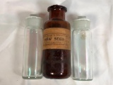 2 Old Pharmacy Glass Containers w/Stoppers, 1 Maw Seed Lebel w/Original Cork, Seeds