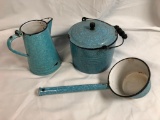 Antique Light Blue Granitware Coffee Pot, No lid + Granitware Handles x3 Pieces, Longest 13