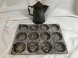 Antique Brown/Purple Color 12 Cups Muffin Pan, Graniteware Enamel (unusual color), Antique Grey Gran