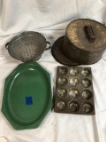 Antique Kitchenwares, Graniteware, Strainer, Serving Plate, Mini Muffin Tin, Cake Pans