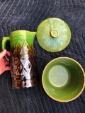 x2 Vintage Ceramics, Green/Brown Pitcher Pottery Bennington, Yelloware Green Bowl Watt Ware