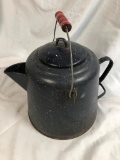 Dark Blue+White Speckled Antique Graniteware Enamel Ware Largwe Coffee Pot w/Red Wood Handle