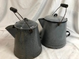 x2 Antique Grey Graniteware Enamelware Coffee Pots w/Lids, Wooden Handles, Dark Blue Trim