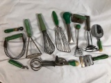 Large Lot of x13 Green Handled Kitchenwares, 1930-40's, Mixer, Dough, Scoops, Baster and more