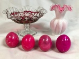 Westmoreland Cut Crystal + Ruby Compote and Pink+White Fenton Vase, 4 Vintage Mercury Glass Eggs