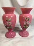 Matching Pair, Hand-Painted Vintage Vases, Pink w/ Flowers UNABLE TO SHIP