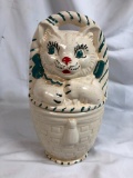 Vintage Catina Basket Cookie Jar, Cat, American Pottery Bisque, 13