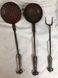 Antique Set of 3 Iron Utencils, 2-prong Fork, Ladle, Dipper/Strainer, hook on back of each.