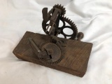 Antique Cast Iron Apple Peeler- The Penn H. Co. Mounted , Old Wood Block, Wood Handles