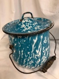 Antique Blue and White Swirl Graniteware Enamelware Pot w/Lid, Wire Bail Handle