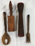 Vintage Kitchenwares, Lemon Hand Squeezer Press, Slotted Spoon+Fork, Sewing Bobbin Spool 1900's
