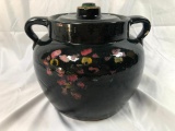 Antique Stoneware Bean Crock Pot Dark Brown Glazed w/lid, Floral Design, 3# Marked, 7.5