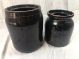 2 Antique Pottery Glazed Dark Brown Stoneware Canning Storage Jar/Crock, 8.5