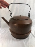 Antique Large Copper Tea Kettle w/Wire Handle, Lid, Straight Spout, 13