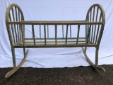 1800-1900's Spindle Baby Cradle Rocker w/Crackeled Blue Original paint, wood slatted bottom UNABLE