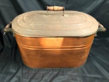 Brass Wash Tub w/Lid and Wooden Shelf, Handle Embossed 