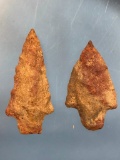 Pair of Gray+Red Quartzite Stem Points, Caroline Co., MD, Ex: Clough, Longest 2 3/16