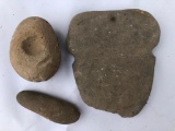 Lot of 3 Stone Tools, Axe, Knapping Stone, Nutting Stone, Caroline Co., MD, Ex:Ronnie Clough Collect