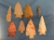 Lot of 8 Various Midwestern Points, Corner Notch, Stemmed, Longest 3 1/8