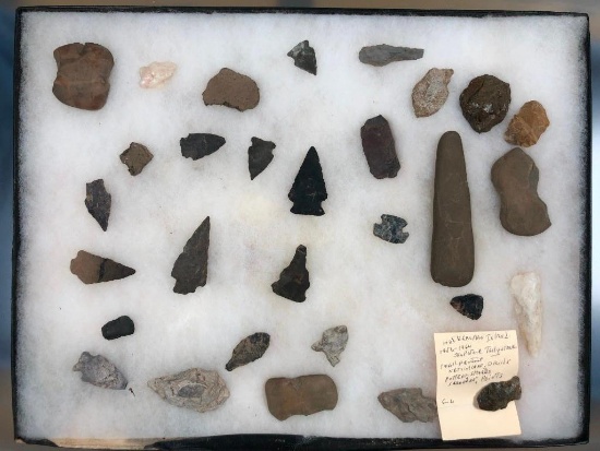 Frame of Haldeman Island Arrowheads and Indian Artifacts, 1956-1964, Longest 4 1/2"