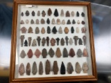 Frame of 70 Various Arrowheads, Indian Artifacts, Ex: Baier Collection, Rechipping and Restoration