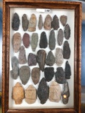 Frame of 31 Artifacts, Arrowheads, New England, Midwest, Indian Artifacts, Ex: Baier Collection