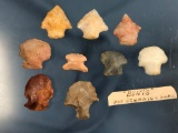 Lot of 9 Points, Hafted Scrappers/Blunts + 3 Quartz Points, Central States, Lingest 1 1/2