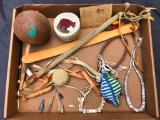 Box Lot Misc. Native American Quill Basket Container, Beaded Items, Rattle, Awls, Contemporary.